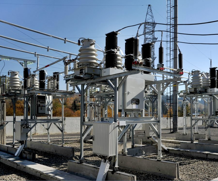 Part of high-voltage substation with switches and disconnectors.High voltage converter at a power plant